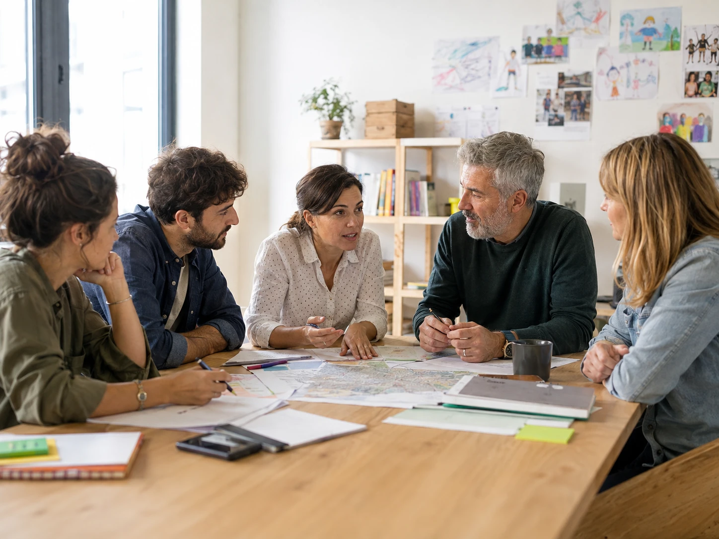 Professionals educatius i personal tècnic planificant conjuntament un projecte comunitari