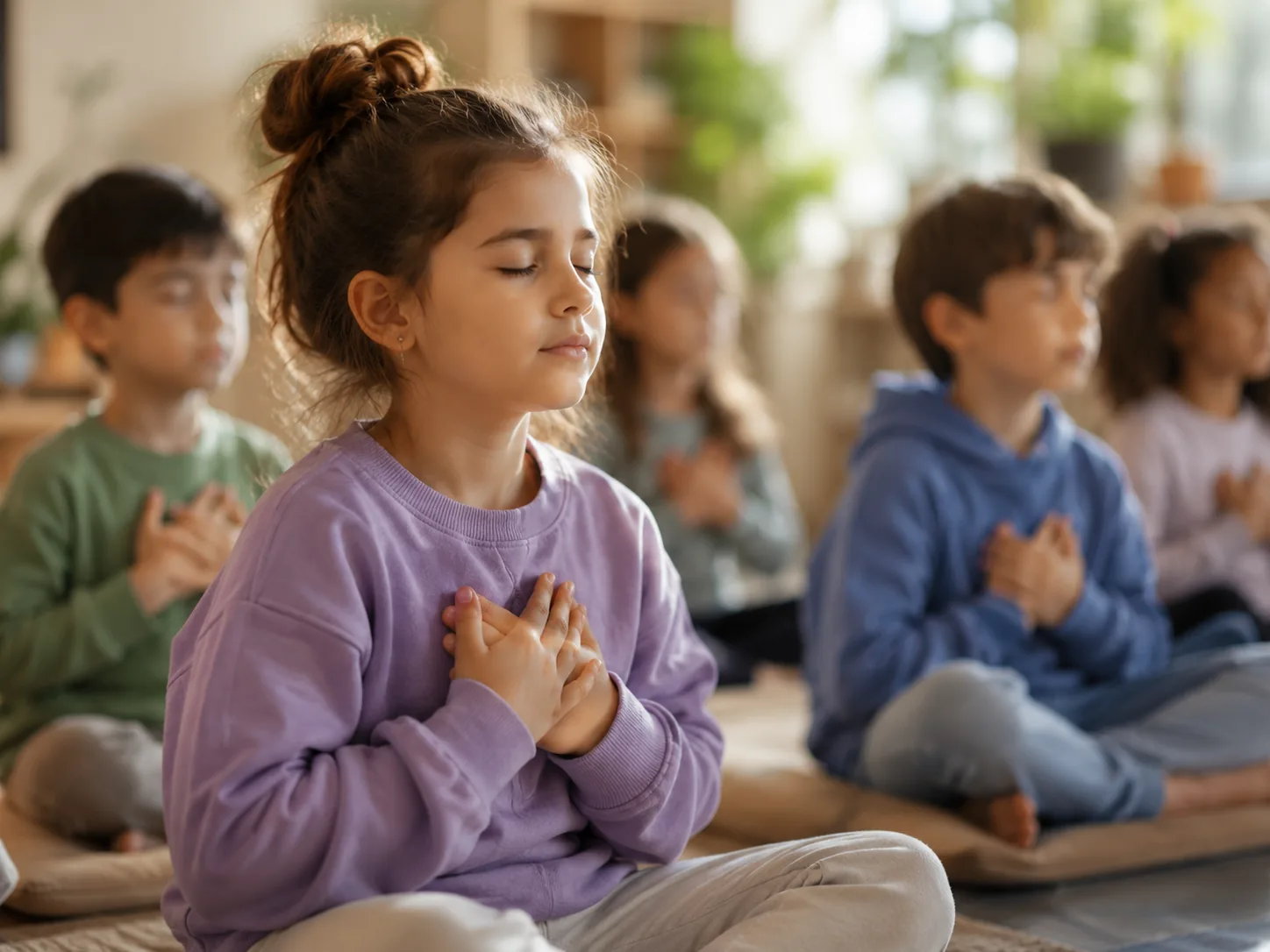 Infants participant en una activitat de calma i respiració en un entorn educatiu